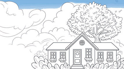 Outline drawing of a traditional detached family house with a large tree against a lightly sketched cloudy sky, perfect for coloring book layouts.