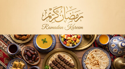 Ramadan Kareem celebration with traditional Middle Eastern Iftar dishes.