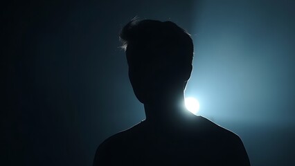 A silhouette in dim light with a faint glow, creating a mysterious and atmospheric mood.