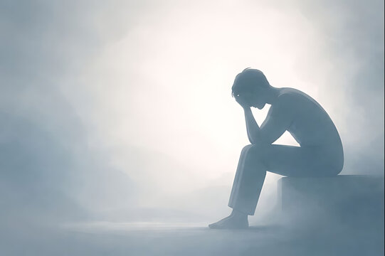 悩みを抱えて座り込む人物のシルエットと霧に包まれた孤独な空間