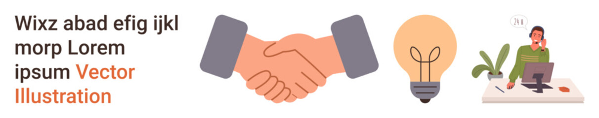 Business collaboration, teamwork, creative ideas, innovation, professional communication, workplace discussion. Handshake, lightbulb person at computer. Business collaboration and creative ideas