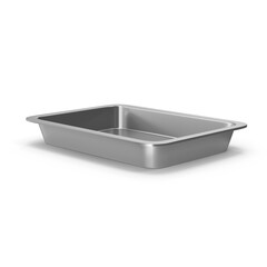 High-angle, close-up view of a clean, empty stainless steel baking sheet against a white background, showing a reflective metallic surface with neutral tones