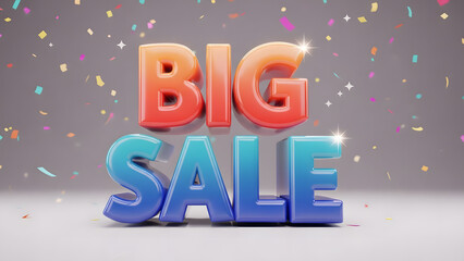 Vibrant 3D 'BIG SALE' text with colorful confetti, ideal for promotional campaigns, discount offers, and retail advertisements