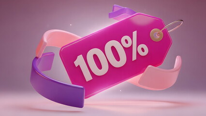 Striking 3D render of a luminous pink 100% discount tag, dynamically framed by elegant flowing ribbons, symbolizing a complete sale event and incredible savings opportunity