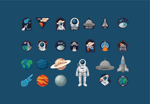 Blue And White Space Astronaut Galaxy Badge Illustration Set