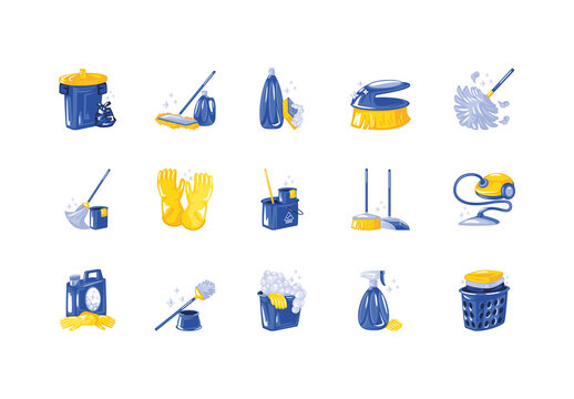 Blue And Yellow Housekeeper Cleaning Tools Illustration Set