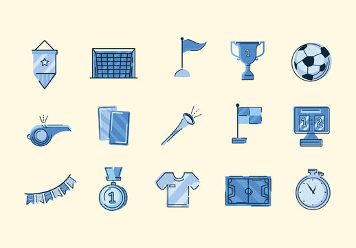 Blue Soccer Goal Medal Trophy Illustration Set