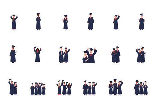 Blue Graduation Students Diploma Celebration Illustrations Set