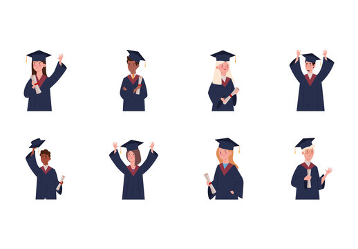 Blue Graduation People Celebration Students Illustrations Set
