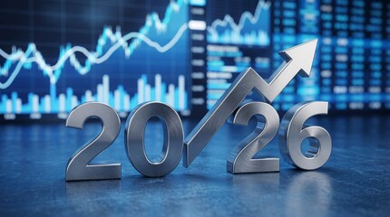 Silver year 2026 with arrow pointing up in front of finance data