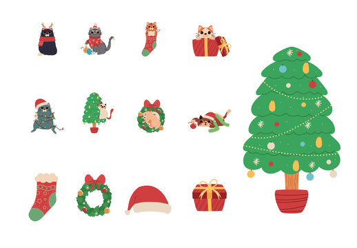 Colorful Christmas Cats Holiday Illustration Set