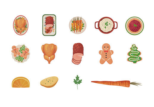 Colorful Christmas Dinner Holiday Food Illustration Set