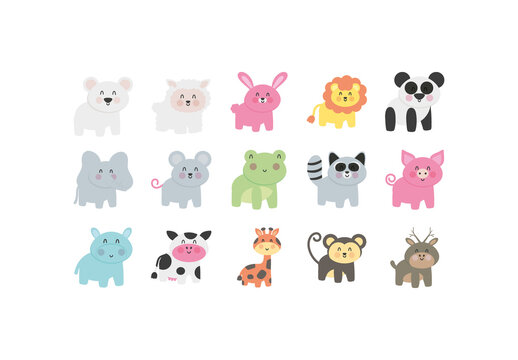 Colorful Cute Baby Animal Cartoon Illustrations Set