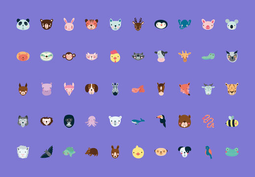 Colorful Cute Animal Face Illustrations Set