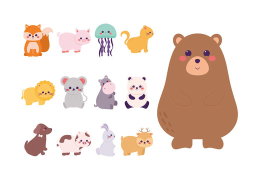 Colorful Cute Animal Cartoon Illustrations Set