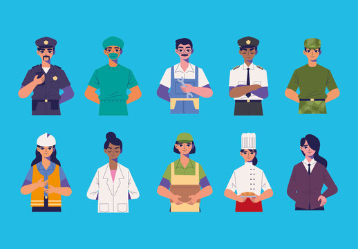 Colorful Flat Occupations People Illustration Set