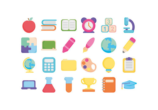 Colorful Flat School Education Elements Illustrations Set