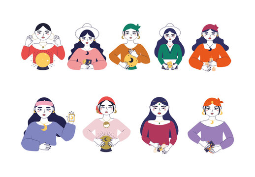 Colorful Fortune Teller Women Tarot Illustration Set