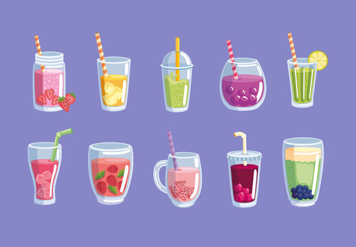 Colorful Fruit Smoothie Drink Illustrations Set