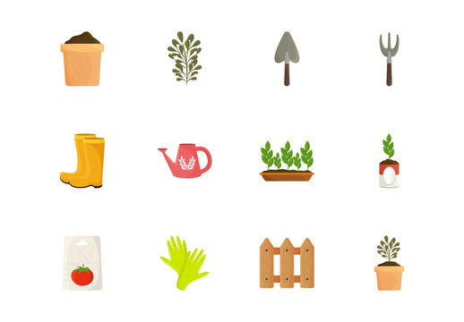 Colorful Gardering Plants Tools Illustration Set