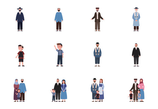 Colorful Jewish People Family Illustrations Set