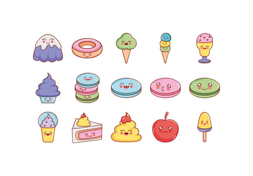 Colorful Kawaii Cute Dessert Food Illustrations Set