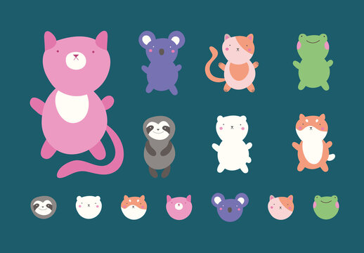 Colorful Kawaii Animals Cute Cartoon Illustrations Set