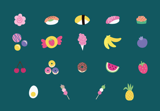 Colorful Kawaii Food Illustrations Set