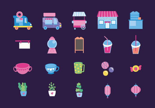 Colorful Kawaii Market Shop Drink Candy Icons Set