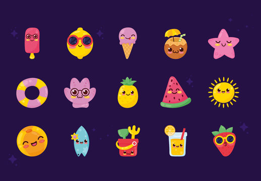 Colorful Kawaii Summer Cute Illustration Set