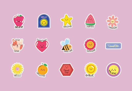 Colorful Positive Message Stickers Illustration Set