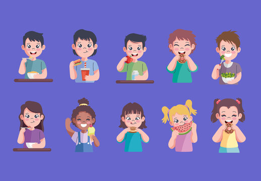 Colorful Kids Eating Illustration Set