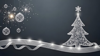 Sparkling christmas tree and ornaments with festive lights on dark background