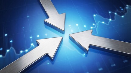Three chrome arrows pointing inward on dark blue digital background with grid and data