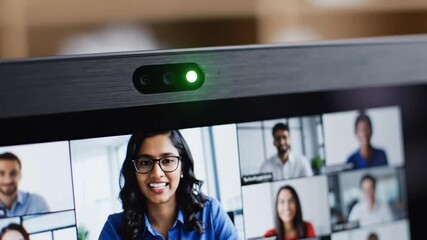 Businesswoman participating in virtual meeting on computer screen