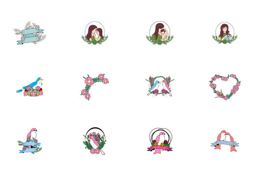 Colorful Birds Mothers Flowers Illustrations Set