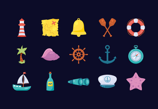 Colorful Nautical Sea Travel Adventure Illustrations Set