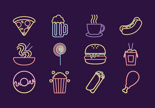Colorful Neon Fast Food Drinks Icons Set