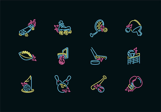 Colorful Neon Sports Activity Equipment Icons Set