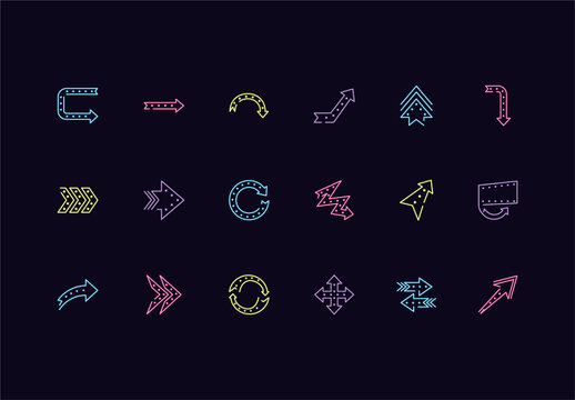 Colorful Neon Lights Arrows Icons Set