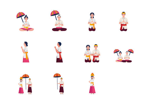 Colorful Balinese Nyepi Ceremony People Illustrations Set
