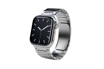 Silver metal smartwatch with black screen and white analog clock face technology gadget, Png, Isolated on Transparent Background, Cut Out