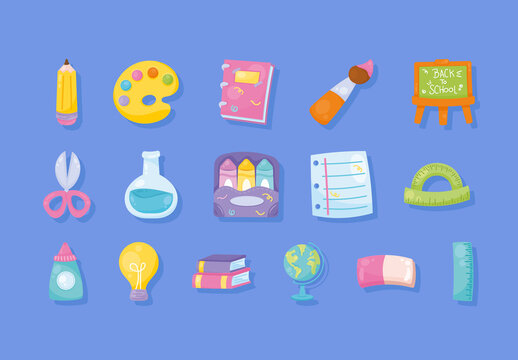 Colorful School Education Supplies Illustrations Set