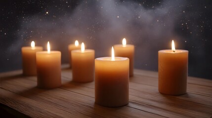 Warm glow of multiple lit candles on a rustic wooden table under a misty starry atmosphere