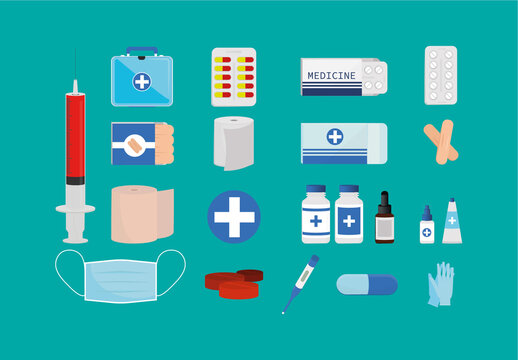 Colorful First Aid Medicine Syringe Mask Illustration Set