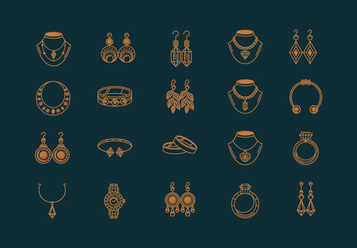 Gold Jewelry Accessories Line Illustration Set