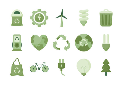 Green Sustainable Energy Recycling Eco Icons Set