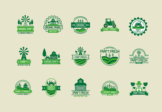 Green Organic Farm Fresh Natural Emblem Illustration Set
