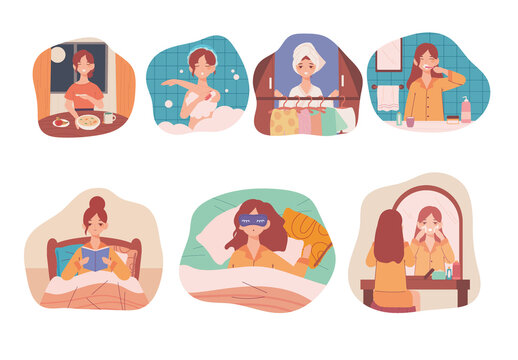 Colorful Morning And Night Daily Routine Illustration Set