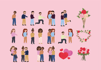 Colorful Love Couple Romantic Illustration Set